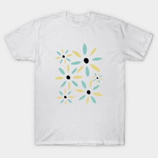 Yellow And Aqua Blue Abstract Retro Flowers T-Shirt